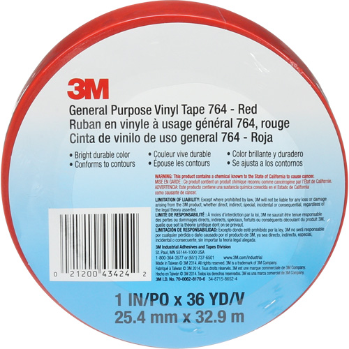 Ruban en vinyle pour travaux g&eacute;n&eacute;raux 764, 25,4 mm (1") la x 32,9 m (108') lo, 5 mils, Rouge Distribution Élite MP