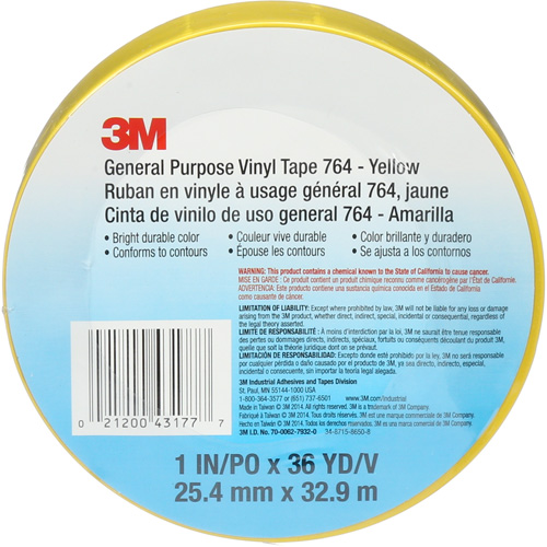 Ruban en vinyle pour travaux g&eacute;n&eacute;raux 764, 25,4 mm (1") la x 32,9 m (108') lo, 5 mils, Jaune Distribution Élite MP