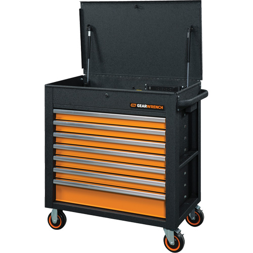 GSX Series Rolling Tool Cart with Tilt Top, 7 Drawers, 35" L x 20" W x 39" H, Black/Orange Distribution Élite MP