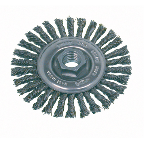 Brosse rotative &agrave; fils nou&eacute;s pour petites meuleuses haute vitesse, pour passe de fond, Dia. 4", Fils 0,02", Arbre 5/8"-11, Acier inoxydable Distribution Élite MP