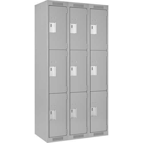 Clean Line Lockers, 3 -tier, Bank of 3, 36" x 18" x 72", Steel, Grey, Rivet (Assembled) Distribution Élite MP