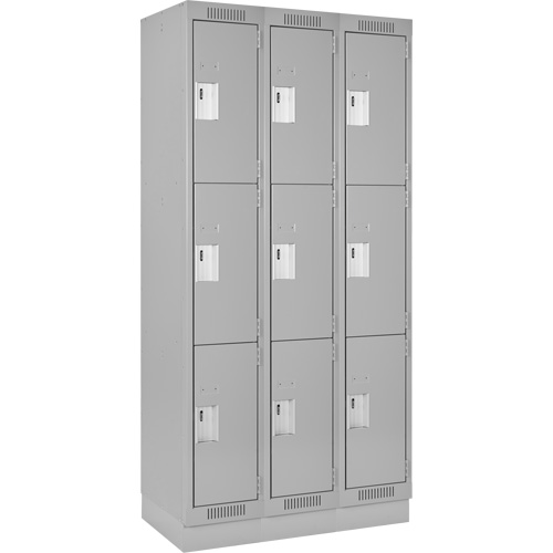 Clean Line Lockers, 3 -tier, Bank of 3, 36" x 18" x 76", Steel, Grey, Rivet (Assembled) Distribution Élite MP