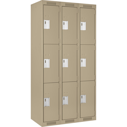 Clean Line Lockers, 3 -tier, Bank of 3, 36" x 18" x 72", Steel, Beige, Rivet (Assembled) Distribution Élite MP