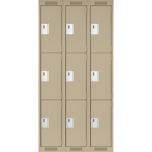 Clean Line Lockers, 3 -tier, Bank of 3, 36" x 18" x 72", Steel, Beige, Rivet (Assembled) Distribution Élite MP