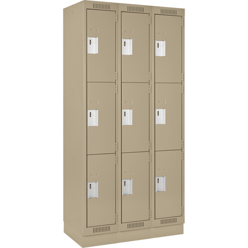 Clean Line Lockers, 3 -tier, Bank of 3, 36" x 18" x 76", Steel, Beige, Rivet (Assembled) Distribution Élite MP