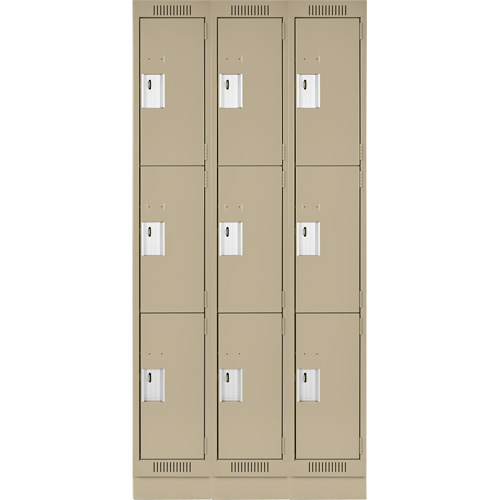 Clean Line Lockers, 3 -tier, Bank of 3, 36" x 18" x 76", Steel, Beige, Rivet (Assembled) Distribution Élite MP
