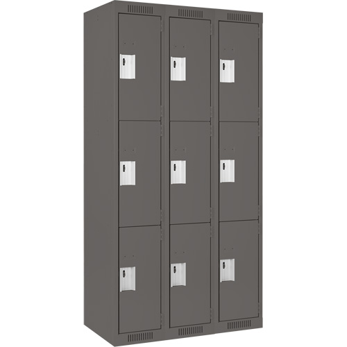 Clean Line Lockers, 3 -tier, Bank of 3, 36" x 18" x 72", Steel, Charcoal, Rivet (Assembled) Distribution Élite MP