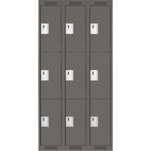 Clean Line Lockers, 3 -tier, Bank of 3, 36" x 18" x 72", Steel, Charcoal, Rivet (Assembled) Distribution Élite MP