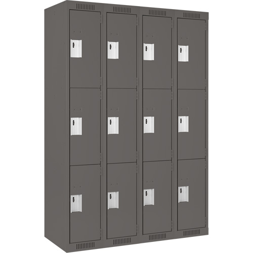 Clean Line Lockers, 3 -tier, Bank of 4, 48" x 18" x 72", Steel, Charcoal, Rivet (Assembled) Distribution Élite MP