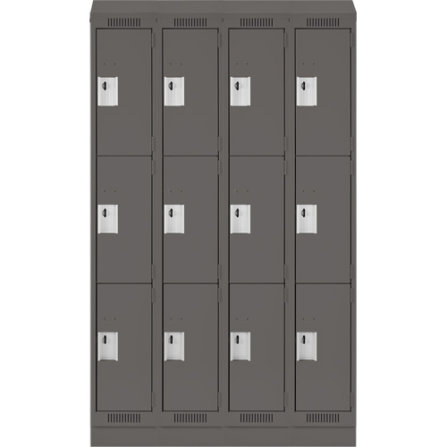 Clean Line Lockers, 3 -tier, Bank of 4, 48" x 18" x 82", Steel, Charcoal, Rivet (Assembled) Distribution Élite MP
