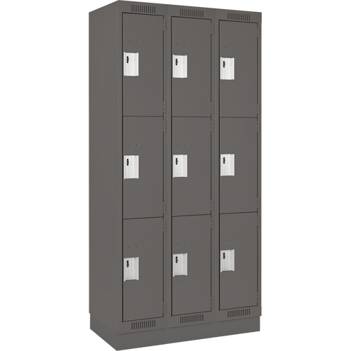 Clean Line Lockers, 3 -tier, Bank of 3, 36" x 18" x 76", Steel, Charcoal, Rivet (Assembled) Distribution Élite MP