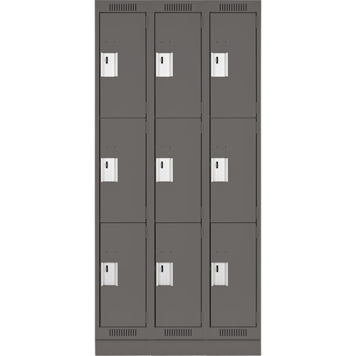 Clean Line Lockers, 3 -tier, Bank of 3, 36" x 18" x 76", Steel, Charcoal, Rivet (Assembled) Distribution Élite MP