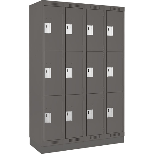 Clean Line Lockers, 3 -tier, Bank of 4, 48" x 18" x 76", Steel, Charcoal, Rivet (Assembled) Distribution Élite MP