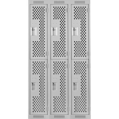 Clean Line Lockers, 2 -tier, Bank of 3, 36" x 15" x 72", Steel, Grey, Rivet (Assembled), Perforated Distribution Élite MP