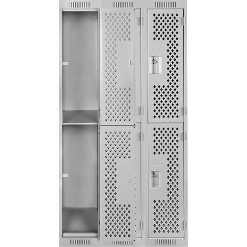 Clean Line Lockers, 2 -tier, Bank of 3, 36" x 15" x 72", Steel, Grey, Rivet (Assembled), Perforated Distribution Élite MP