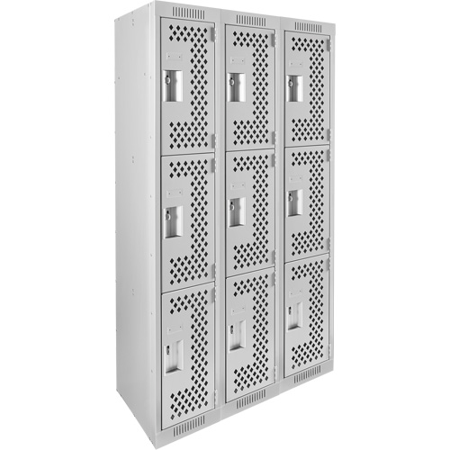 Clean Line Lockers, 3 -tier, Bank of 3, 36" x 12" x 72", Steel, Grey, Rivet (Assembled), Perforated Distribution Élite MP