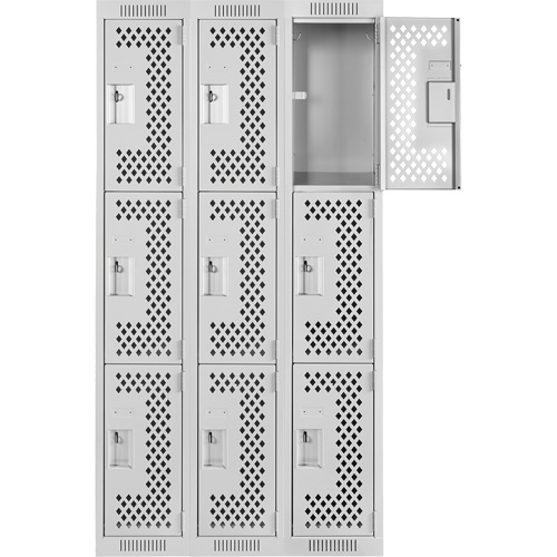 Clean Line Lockers, 3 -tier, Bank of 3, 36" x 12" x 72", Steel, Grey, Rivet (Assembled), Perforated Distribution Élite MP
