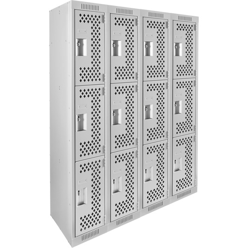 Clean Line Lockers, 3 -tier, Bank of 4, 48" x 12" x 72", Steel, Grey, Rivet (Assembled), Perforated Distribution Élite MP