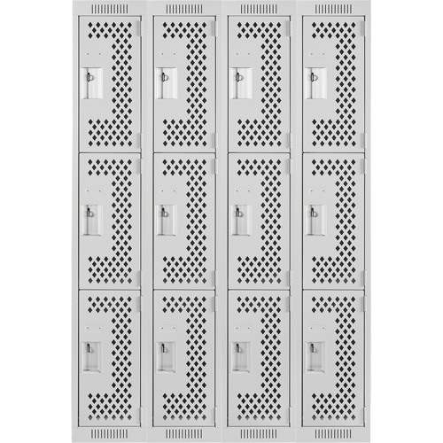 Clean Line Lockers, 3 -tier, Bank of 4, 48" x 12" x 72", Steel, Grey, Rivet (Assembled), Perforated Distribution Élite MP