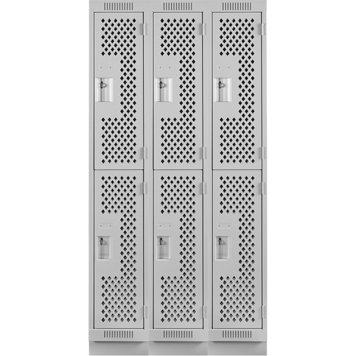 Clean Line Lockers, 2 -tier, Bank of 3, 36" x 15" x 76", Steel, Grey, Rivet (Assembled), Perforated Distribution Élite MP