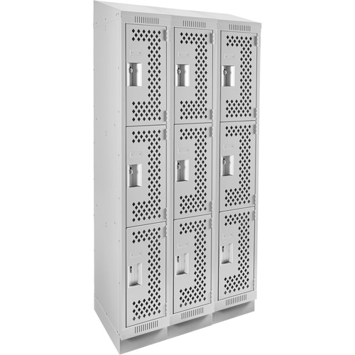 Clean Line Lockers, 3 -tier, Bank of 3, 36" x 18" x 82", Steel, Grey, Rivet (Assembled), Perforated Distribution Élite MP