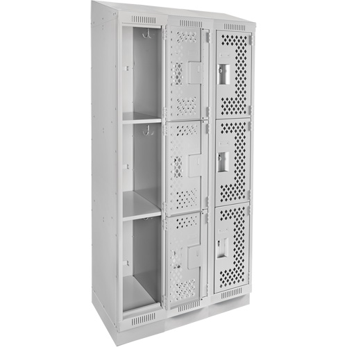 Clean Line Lockers, 3 -tier, Bank of 3, 36" x 18" x 82", Steel, Grey, Rivet (Assembled), Perforated Distribution Élite MP
