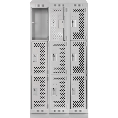 Clean Line Lockers, 3 -tier, Bank of 3, 36" x 18" x 82", Steel, Grey, Rivet (Assembled), Perforated Distribution Élite MP