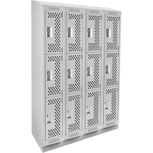 Clean Line Lockers, 3 -tier, Bank of 4, 48" x 18" x 82", Steel, Grey, Rivet (Assembled), Perforated Distribution Élite MP