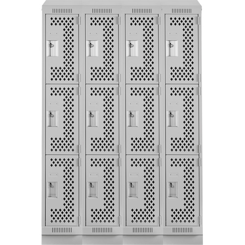 Clean Line Lockers, 3 -tier, Bank of 4, 48" x 18" x 82", Steel, Grey, Rivet (Assembled), Perforated Distribution Élite MP