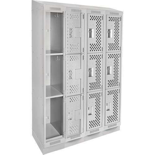 Clean Line Lockers, 3 -tier, Bank of 4, 48" x 18" x 82", Steel, Grey, Rivet (Assembled), Perforated Distribution Élite MP