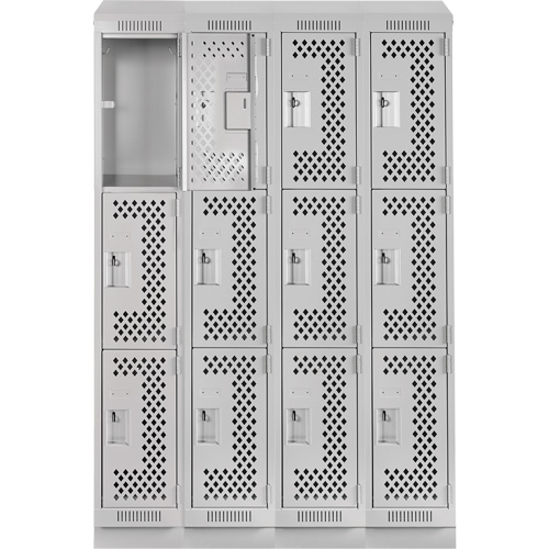 Clean Line Lockers, 3 -tier, Bank of 4, 48" x 18" x 82", Steel, Grey, Rivet (Assembled), Perforated Distribution Élite MP