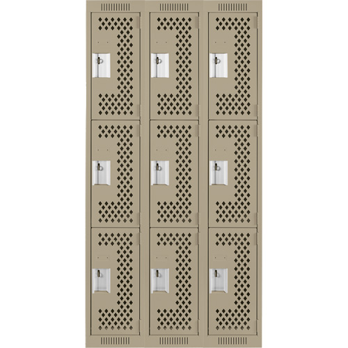 Clean Line Lockers, 3 -tier, Bank of 3, 36" x 12" x 72", Steel, Beige, Rivet (Assembled), Perforated Distribution Élite MP