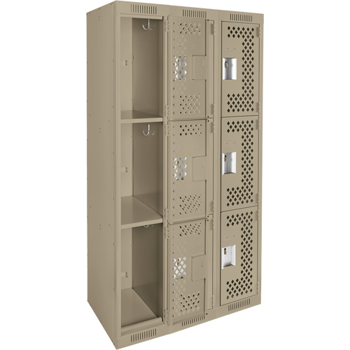 Clean Line Lockers, 3 -tier, Bank of 3, 36" x 12" x 72", Steel, Beige, Rivet (Assembled), Perforated Distribution Élite MP