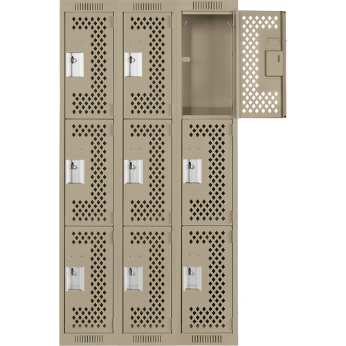 Clean Line Lockers, 3 -tier, Bank of 3, 36" x 12" x 72", Steel, Beige, Rivet (Assembled), Perforated Distribution Élite MP