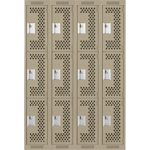 Clean Line Lockers, 3 -tier, Bank of 4, 48" x 12" x 72", Steel, Beige, Rivet (Assembled), Perforated Distribution Élite MP