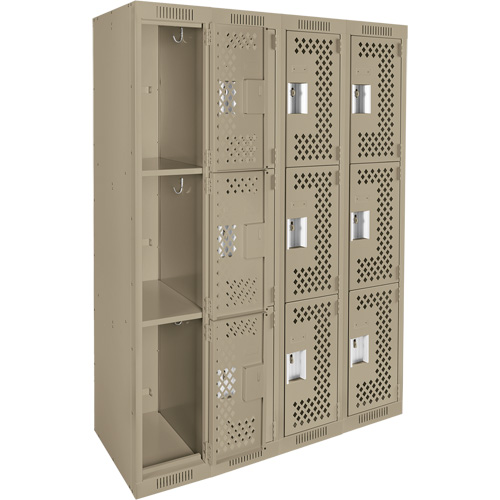 Clean Line Lockers, 3 -tier, Bank of 4, 48" x 12" x 72", Steel, Beige, Rivet (Assembled), Perforated Distribution Élite MP
