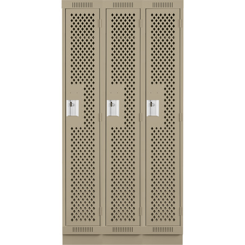 Clean Line Lockers, Bank of 3, 36" x 12" x 76", Steel, Beige, Rivet (Assembled), Perforated Distribution Élite MP
