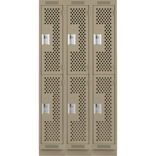 Clean Line Lockers, 2 -tier, Bank of 3, 36" x 15" x 76", Steel, Beige, Rivet (Assembled), Perforated Distribution Élite MP