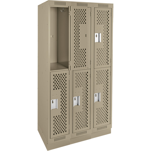 Clean Line Lockers, 2 -tier, Bank of 3, 36" x 15" x 76", Steel, Beige, Rivet (Assembled), Perforated Distribution Élite MP