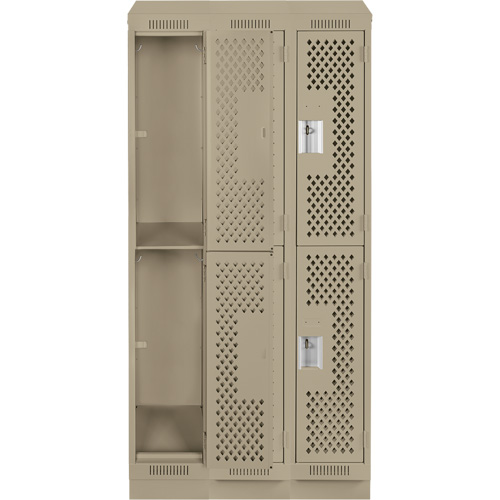 Clean Line Lockers, 2 -tier, Bank of 3, 36" x 15" x 82", Steel, Beige, Rivet (Assembled), Perforated Distribution Élite MP