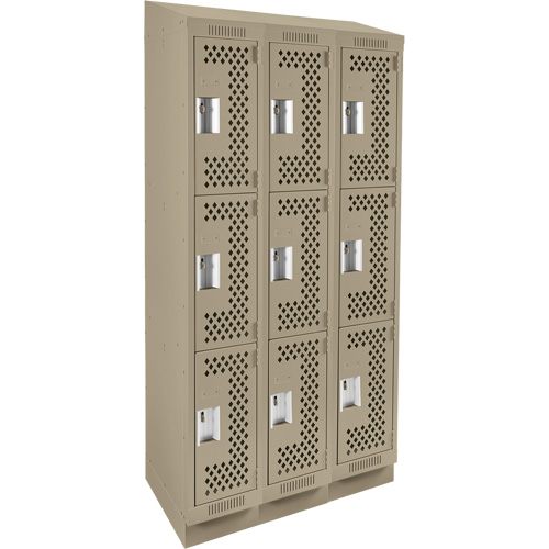 Clean Line Lockers, 3 -tier, Bank of 3, 36" x 18" x 82", Steel, Beige, Rivet (Assembled), Perforated Distribution Élite MP