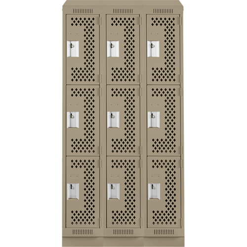 Clean Line Lockers, 3 -tier, Bank of 3, 36" x 18" x 82", Steel, Beige, Rivet (Assembled), Perforated Distribution Élite MP