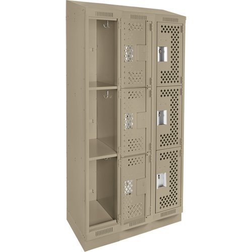 Clean Line Lockers, 3 -tier, Bank of 3, 36" x 18" x 82", Steel, Beige, Rivet (Assembled), Perforated Distribution Élite MP