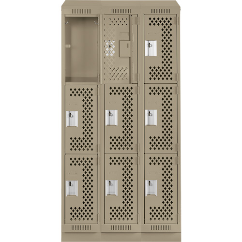 Clean Line Lockers, 3 -tier, Bank of 3, 36" x 18" x 82", Steel, Beige, Rivet (Assembled), Perforated Distribution Élite MP