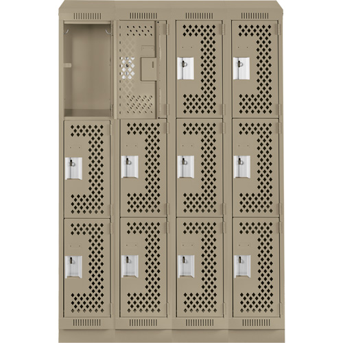 Clean Line Lockers, 3 -tier, Bank of 4, 48" x 18" x 82", Steel, Beige, Rivet (Assembled), Perforated Distribution Élite MP