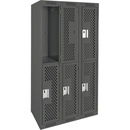 Clean Line Lockers, 2 -tier, Bank of 3, 36" x 15" x 72", Steel, Charcoal, Rivet (Assembled), Perforated Distribution Élite MP