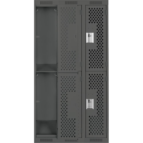 Clean Line Lockers, 2 -tier, Bank of 3, 36" x 15" x 72", Steel, Charcoal, Rivet (Assembled), Perforated Distribution Élite MP