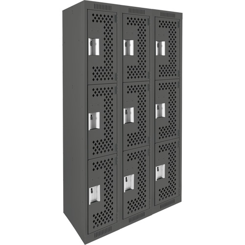 Clean Line Lockers, 3 -tier, Bank of 3, 36" x 12" x 72", Steel, Charcoal, Rivet (Assembled), Perforated Distribution Élite MP