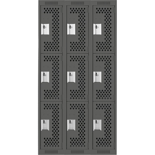 Clean Line Lockers, 3 -tier, Bank of 3, 36" x 12" x 72", Steel, Charcoal, Rivet (Assembled), Perforated Distribution Élite MP