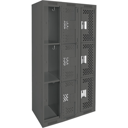 Clean Line Lockers, 3 -tier, Bank of 3, 36" x 12" x 72", Steel, Charcoal, Rivet (Assembled), Perforated Distribution Élite MP